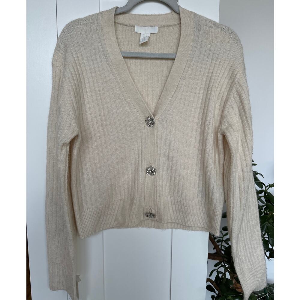 H&M Women's Cream V-Neck Cardigan with Jewel Buttons, Size XS, EUC